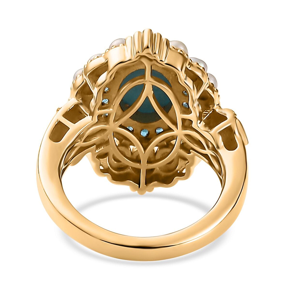 Sleeping Beauty Turquoise, Freshwater Pearl and Malgache Neon Apatite Dolphin Ring in Vermeil Yellow Gold Over Sterling Silver (Size 10.0) 1.85 ctw