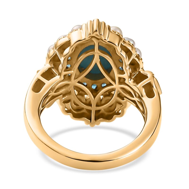 Sleeping Beauty Turquoise, Freshwater Pearl and Malgache Neon Apatite Dolphin Ring in Vermeil Yellow Gold Over Sterling Silver (Size 10.0) 1.85 ctw