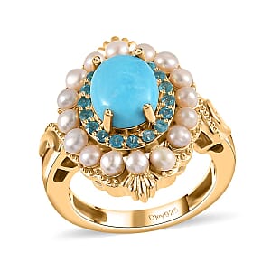 Sleeping Beauty Turquoise, Freshwater Pearl and Malgache Neon Apatite Dolphin Ring in Vermeil Yellow Gold Over Sterling Silver (Size 8.0) 1.85 ctw