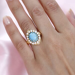 Sleeping Beauty Turquoise, Freshwater Pearl and Malgache Neon Apatite Dolphin Ring in Vermeil Yellow Gold Over Sterling Silver (Size 8.0) 1.85 ctw