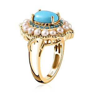 Sleeping Beauty Turquoise, Freshwater Pearl and Malgache Neon Apatite Dolphin Ring in Vermeil Yellow Gold Over Sterling Silver (Size 8.0) 1.85 ctw