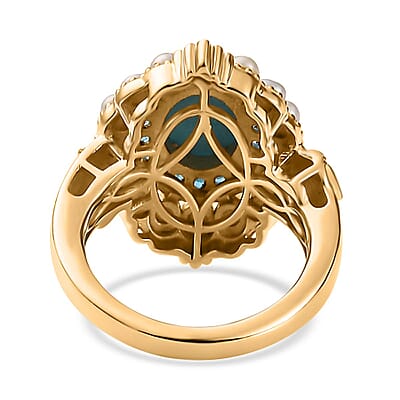 Sleeping Beauty Turquoise, Freshwater Pearl and Malgache Neon Apatite Dolphin Ring in Vermeil Yellow Gold Over Sterling Silver (Size 8.0) 1.85 ctw