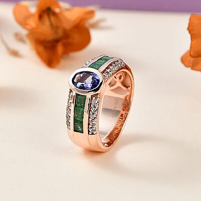 Tanzanite and Multi Gemstone Wide Shank Ring in Vermeil Rose Gold Over Sterling Silver (Size 10.0) 2.00 ctw