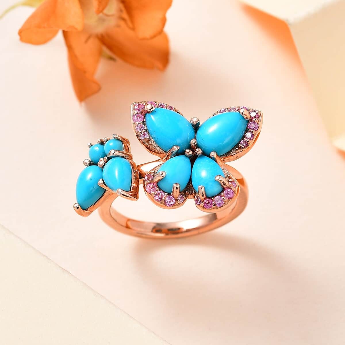 Sleeping Beauty Turquoise and Madagascar Pink Sapphire Butterfly Ring in Vermeil Rose Gold Over Sterling Silver (Size 10.0) 3.30 ctw image number 1