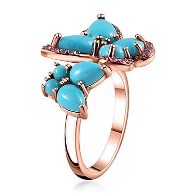 Sleeping Beauty Turquoise and Madagascar Pink Sapphire Butterfly Ring in Vermeil Rose Gold Over Sterling Silver (Size 10.0) 3.30 ctw