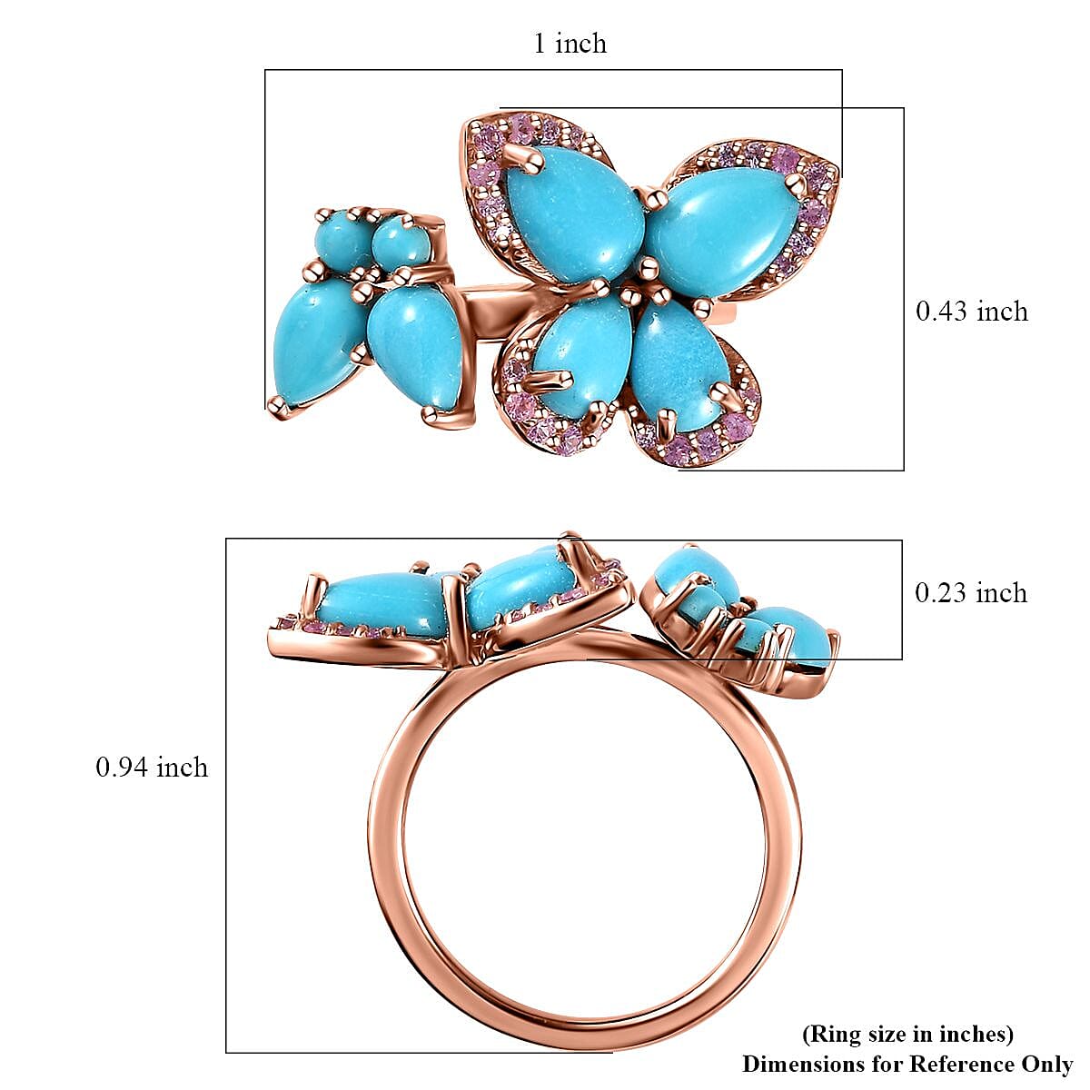 Sleeping Beauty Turquoise and Madagascar Pink Sapphire Butterfly Ring in Vermeil Rose Gold Over Sterling Silver (Size 10.0) 3.30 ctw
