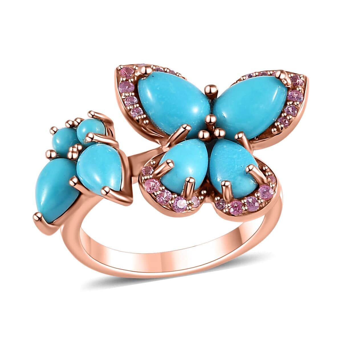 Sleeping Beauty Turquoise and Madagascar Pink Sapphire Butterfly Ring in Vermeil Rose Gold Over Sterling Silver (Size 5.0) 3.30 ctw image number 0