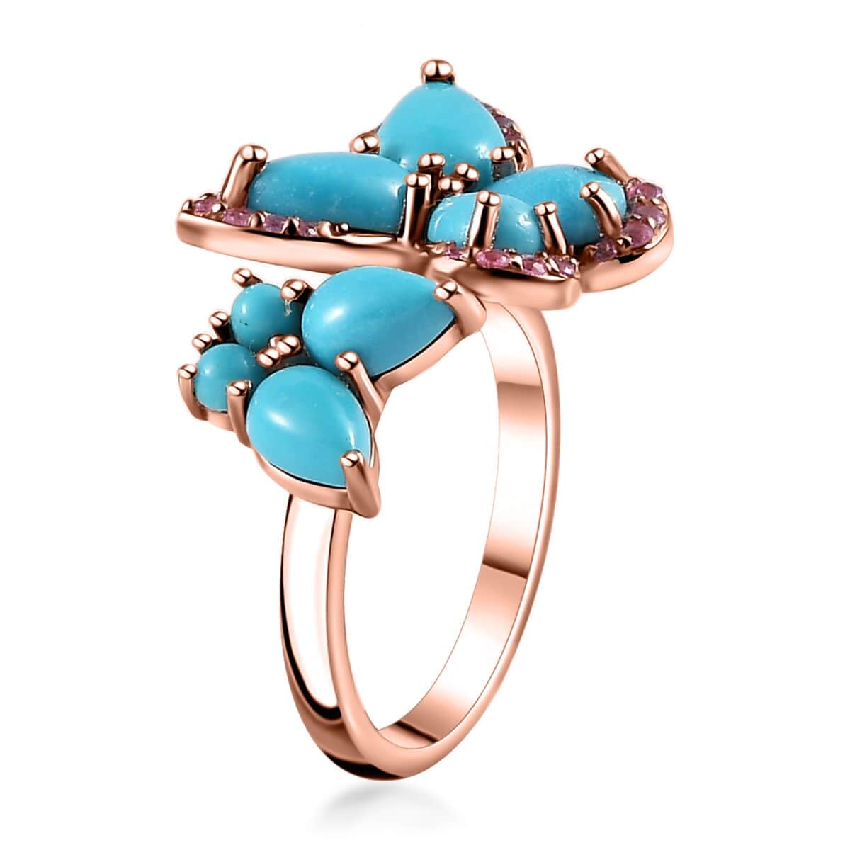 Sleeping Beauty Turquoise and Madagascar Pink Sapphire Butterfly Ring in Vermeil Rose Gold Over Sterling Silver (Size 5.0) 3.30 ctw image number 3