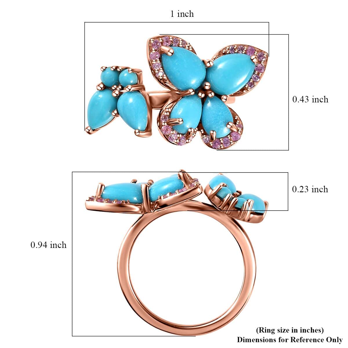 Sleeping Beauty Turquoise and Madagascar Pink Sapphire Butterfly Ring in Vermeil Rose Gold Over Sterling Silver (Size 5.0) 3.30 ctw image number 5