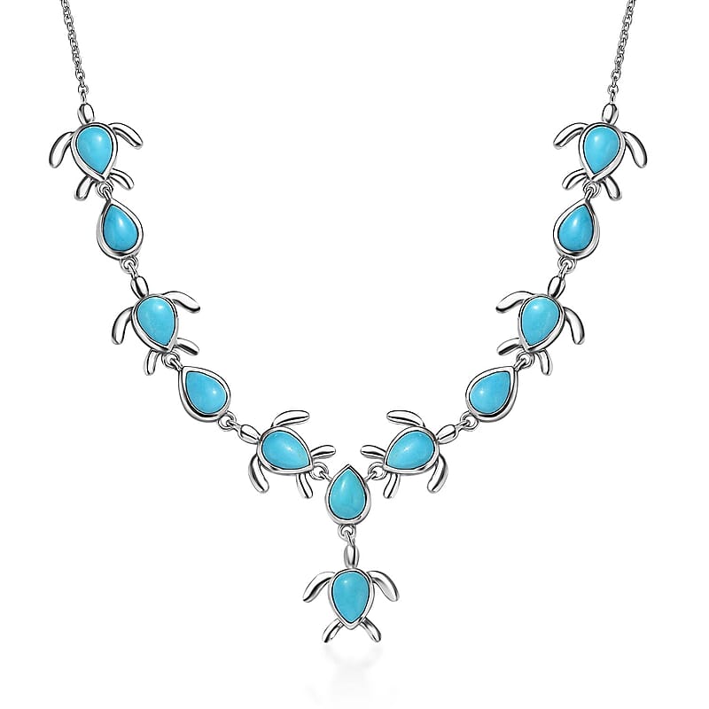 Sleeping Beauty Turquoise Turtle Necklace 18-20 Inches in Platinum Over Sterling Silver 8.50 ctw