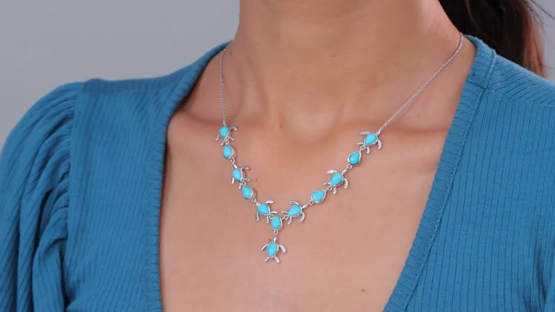 Sleeping Beauty Turquoise Turtle Necklace 18-20 Inches in Platinum Over Sterling Silver 8.50 ctw