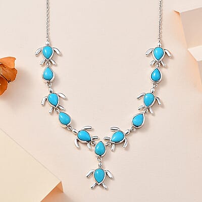 Sleeping Beauty Turquoise Turtle Necklace 18-20 Inches in Platinum Over Sterling Silver 8.50 ctw