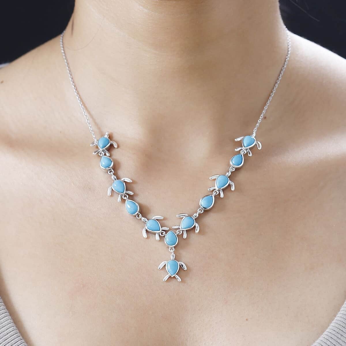 Sleeping Beauty Turquoise Turtle Necklace 18-20 Inches in Platinum Over Sterling Silver 8.50 ctw image number 2