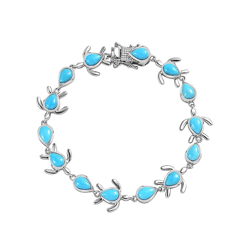 Sleeping Beauty Turquoise Turtle Bracelet in Platinum Over Sterling Silver (7.25 In) 8.90 ctw