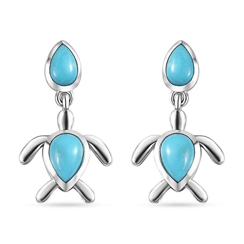 Sleeping Beauty Turquoise Turtle Earrings in Platinum Over Sterling Silver 2.10 ctw