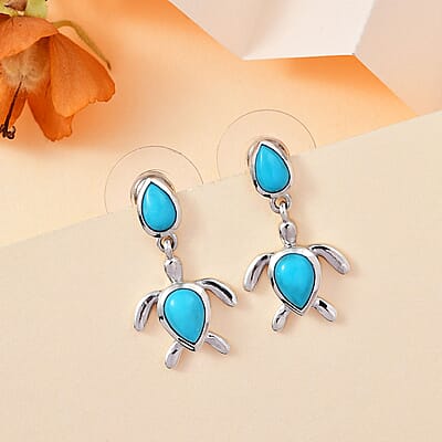 Sleeping Beauty Turquoise Turtle Earrings in Platinum Over Sterling Silver 2.10 ctw
