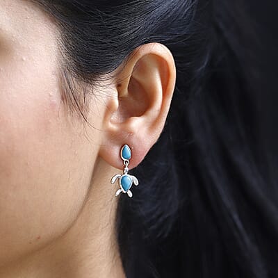 Sleeping Beauty Turquoise Turtle Earrings in Platinum Over Sterling Silver 2.10 ctw