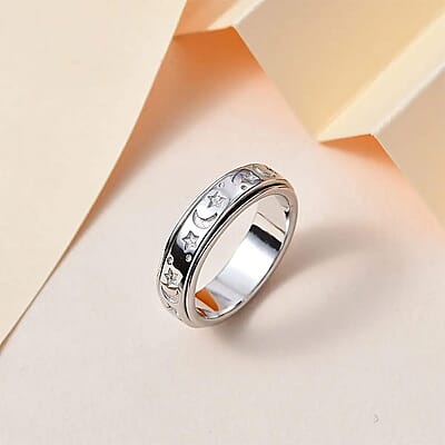 Platinum Over Sterling Silver Moon Star Spinner Ring (Size 10.0) 4.50 Grams