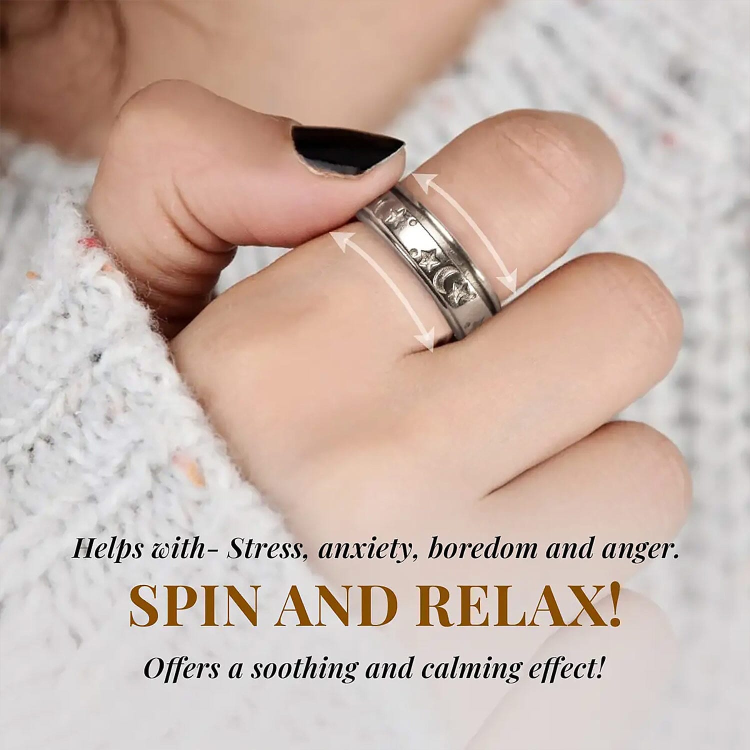 Platinum Over Sterling Silver Moon Star Spinner Ring (Size 10.0) 4.50 Grams