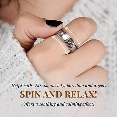 Platinum Over Sterling Silver Moon Star Spinner Ring (Size 10.0) 4.50 Grams