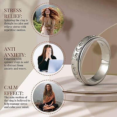 Platinum Over Sterling Silver Moon Star Spinner Ring (Size 10.0) 4.50 Grams