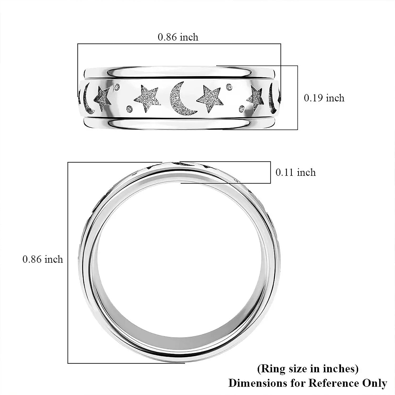 Platinum Over Sterling Silver Moon Star Spinner Ring (Size 10.0) 4.50 Grams
