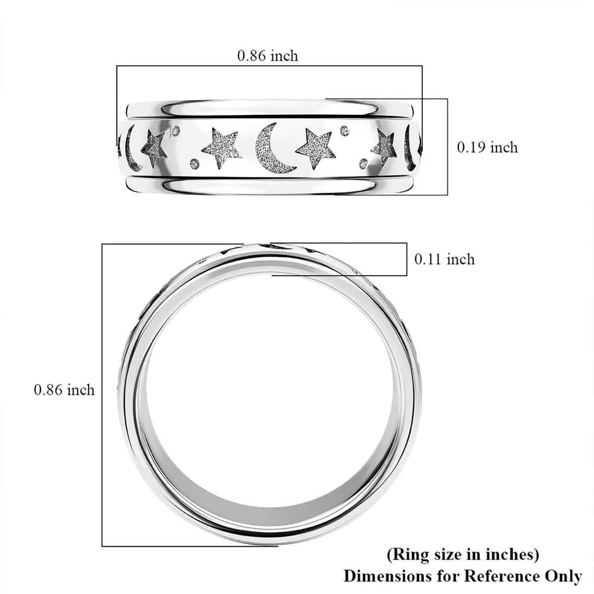 Platinum Over Sterling Silver Moon Star Spinner Ring (Size 10.0) 4.50 Grams image number 6