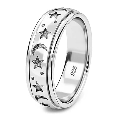 Platinum Over Sterling Silver Moon Star Spinner Ring (Size 10.0) 4.50 Grams
