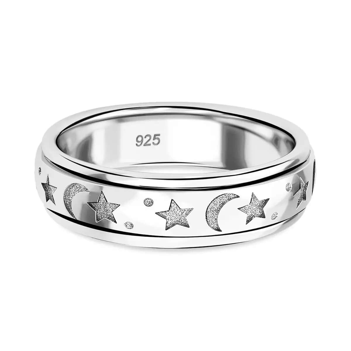 Platinum Over Sterling Silver Moon Star Spinner Ring (Size 10.0) 4.50 Grams image number 8