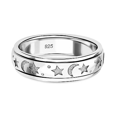 Platinum Over Sterling Silver Moon Star Spinner Ring (Size 10.0) 4.50 Grams