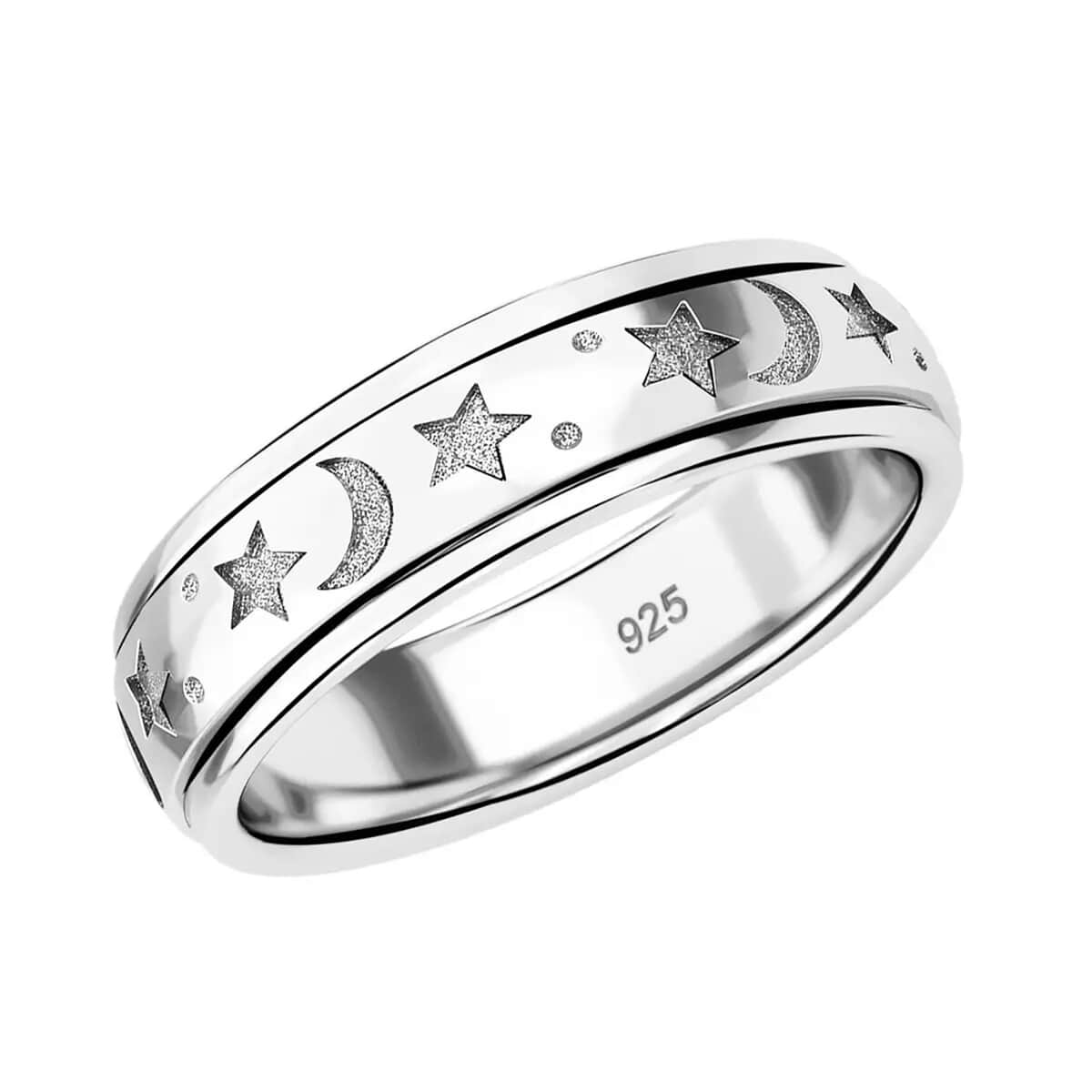 Platinum Over Sterling Silver Moon Star Spinner Ring (Size 7.0) 4.50 Grams image number 0