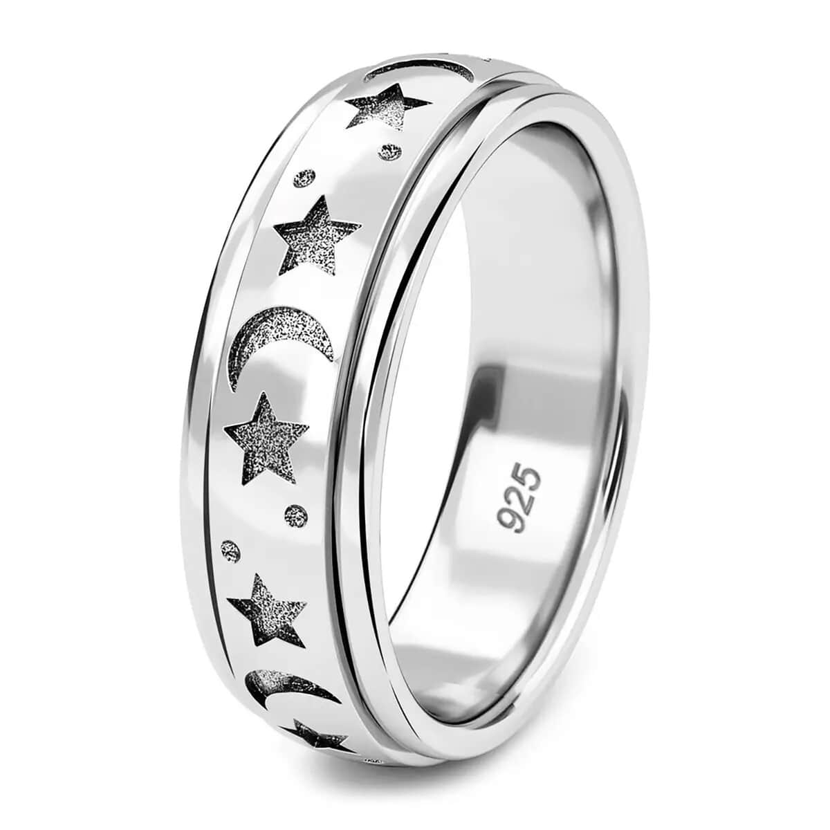 Platinum Over Sterling Silver Moon Star Spinner Ring (Size 7.0) 4.50 Grams image number 7