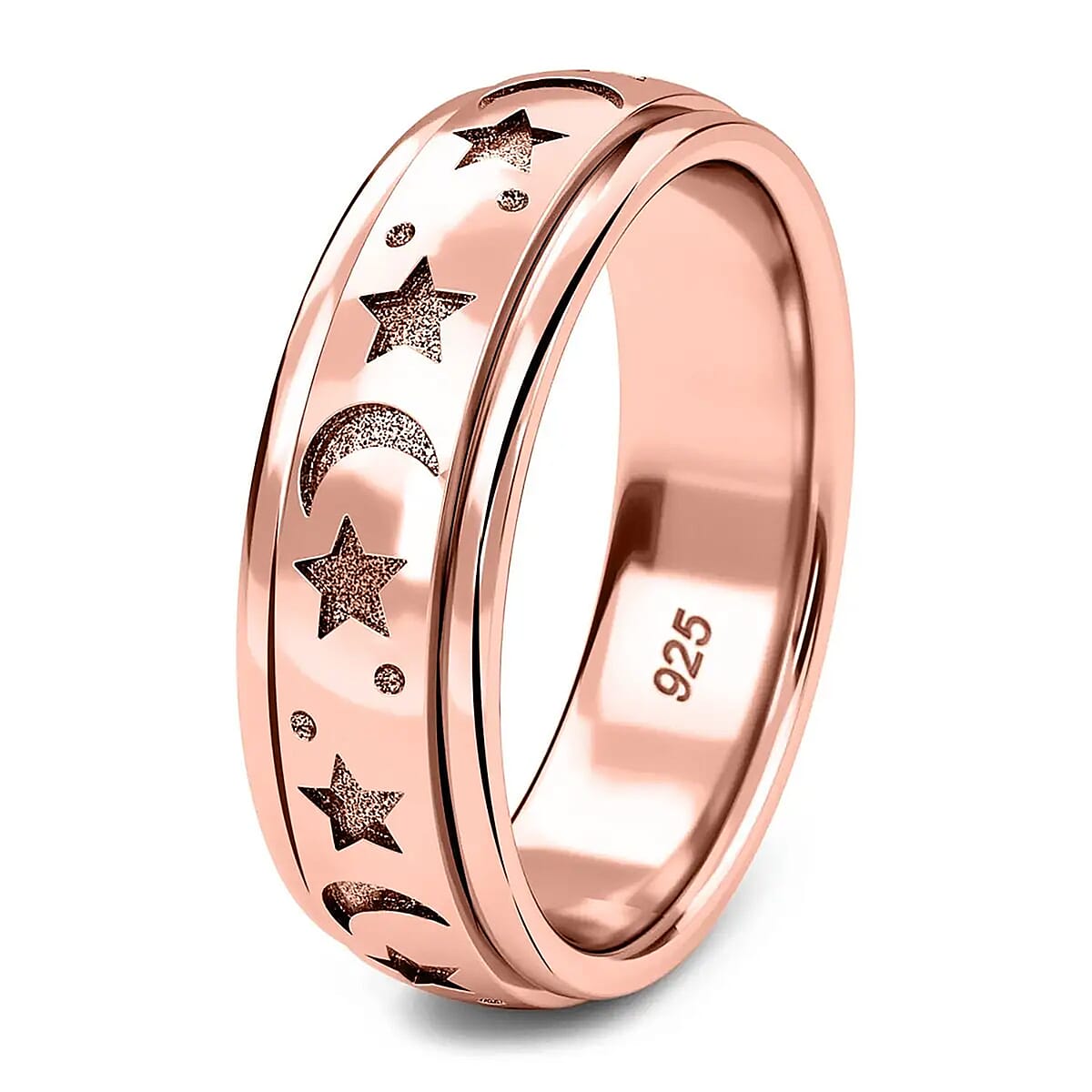 Vermeil Rose Gold Over Sterling Silver Moon Star Spinner Ring (Size 8.0) 4.50 Grams image number 7