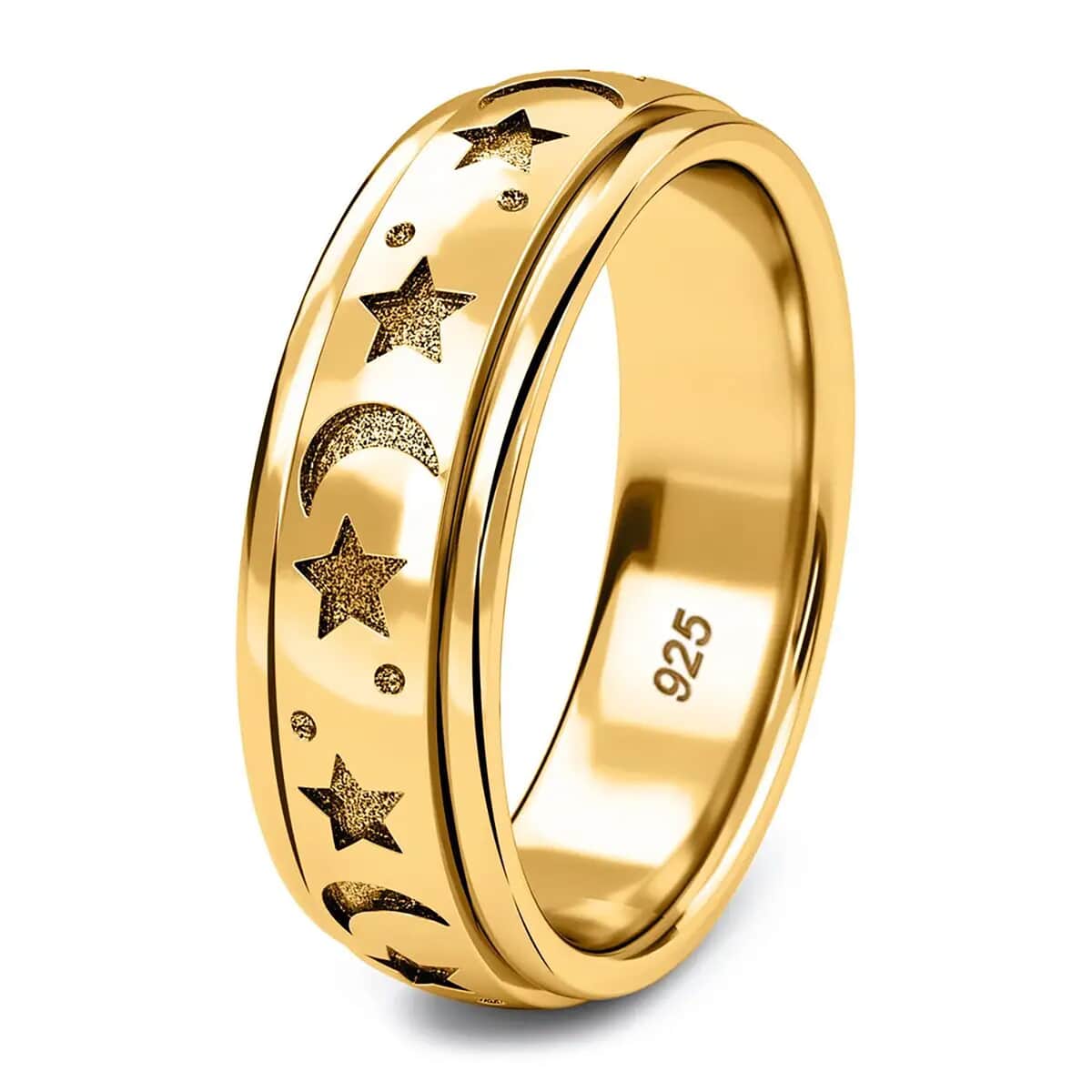 Vermeil Yellow Gold Over Sterling Silver Moon Star Spinner Ring (Size 11.0) 4.50 Grams image number 7