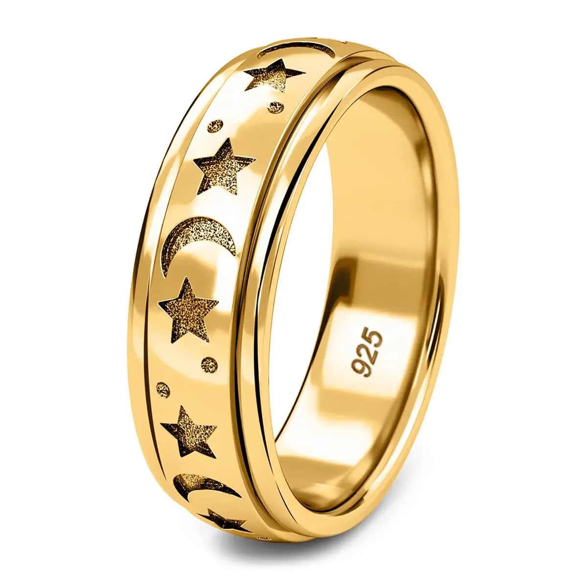 Vermeil Yellow Gold Over Sterling Silver Moon Star Spinner Ring (Size 5.0) 4.50 Grams image number 7