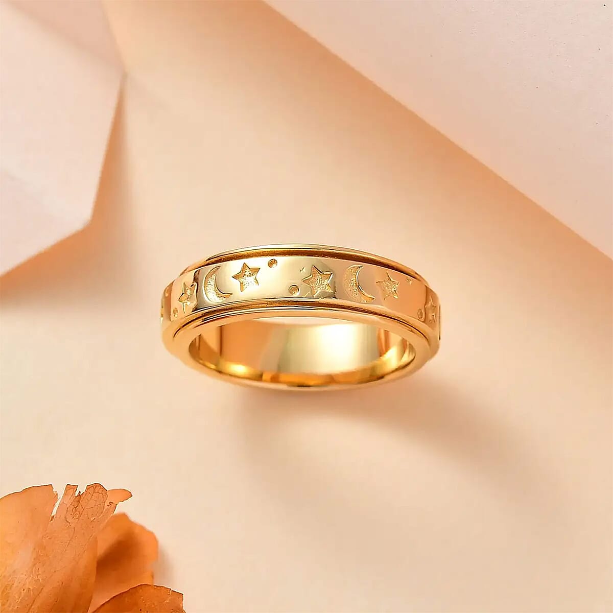 Vermeil Yellow Gold Over Sterling Silver Moon Star Spinner Ring (Size 9.0) 4.50 Grams image number 1
