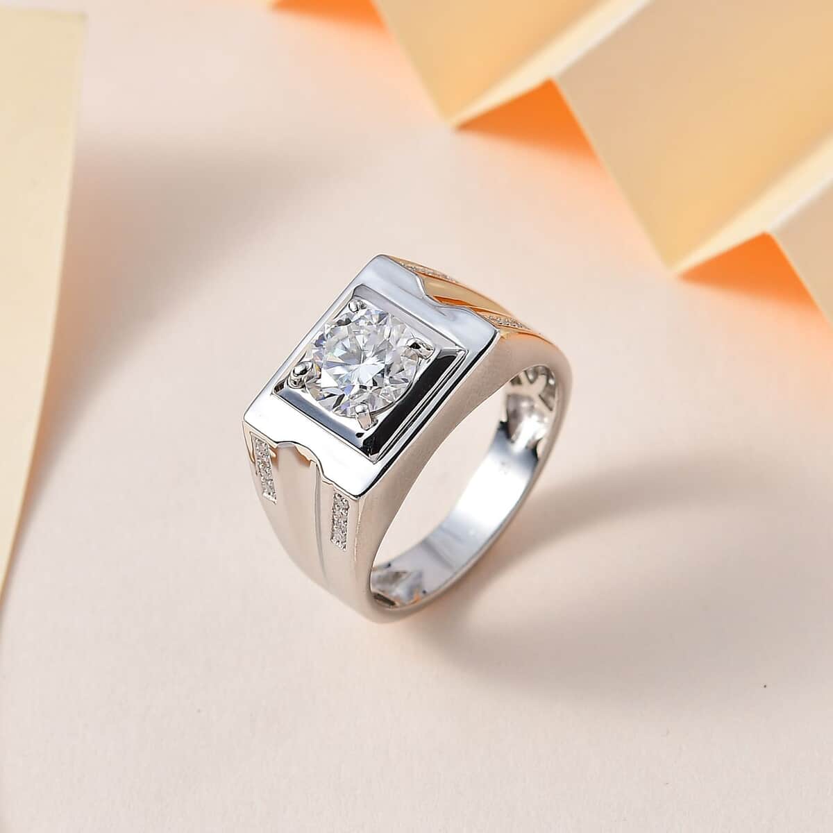 Moissanite (Rnd 8 mm) Men's Ring in Platinum Over Sterling Silver (Size 10.0) 1.85 ctw image number 1