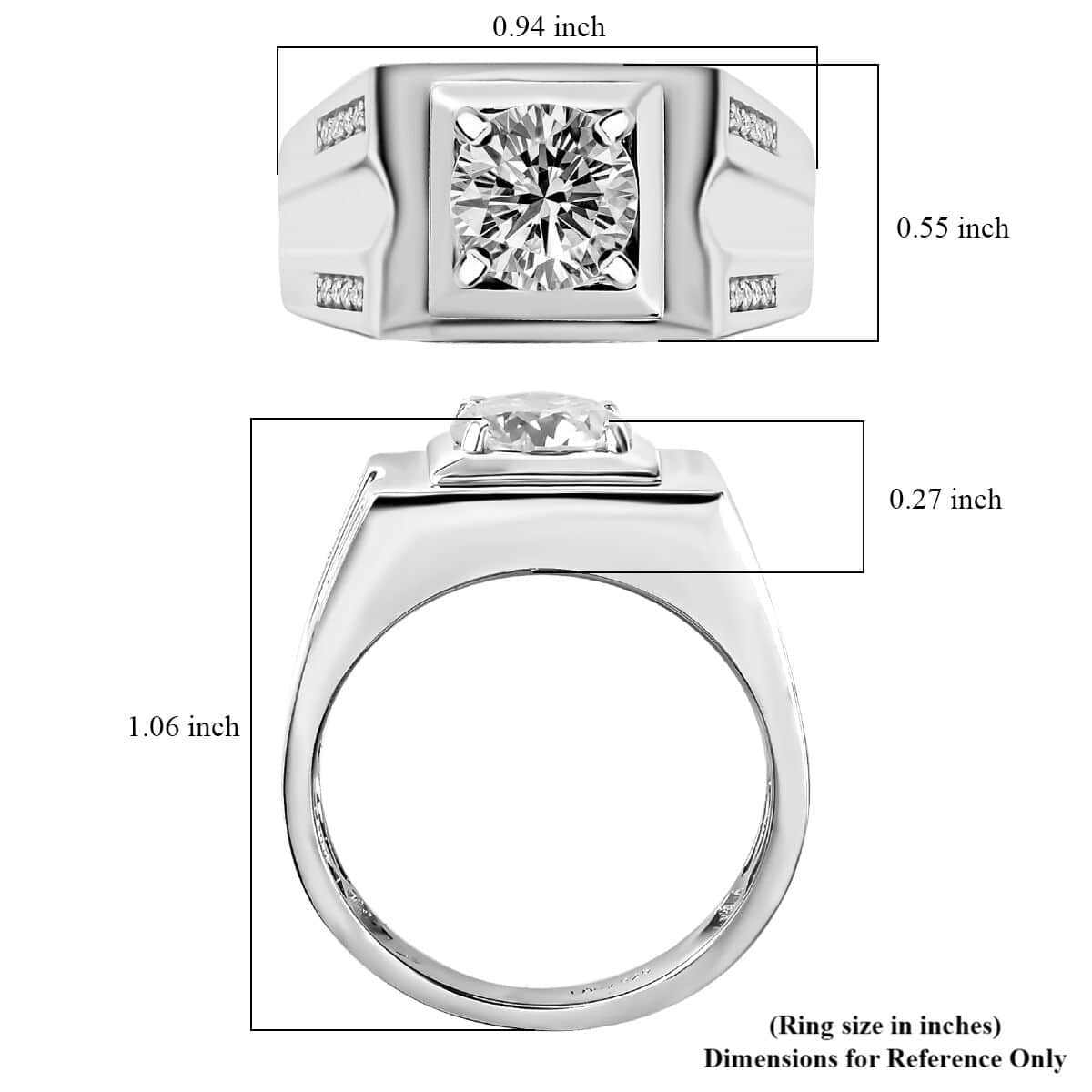Moissanite (Rnd 8 mm) Men's Ring in Platinum Over Sterling Silver (Size 10.0) 1.85 ctw image number 5