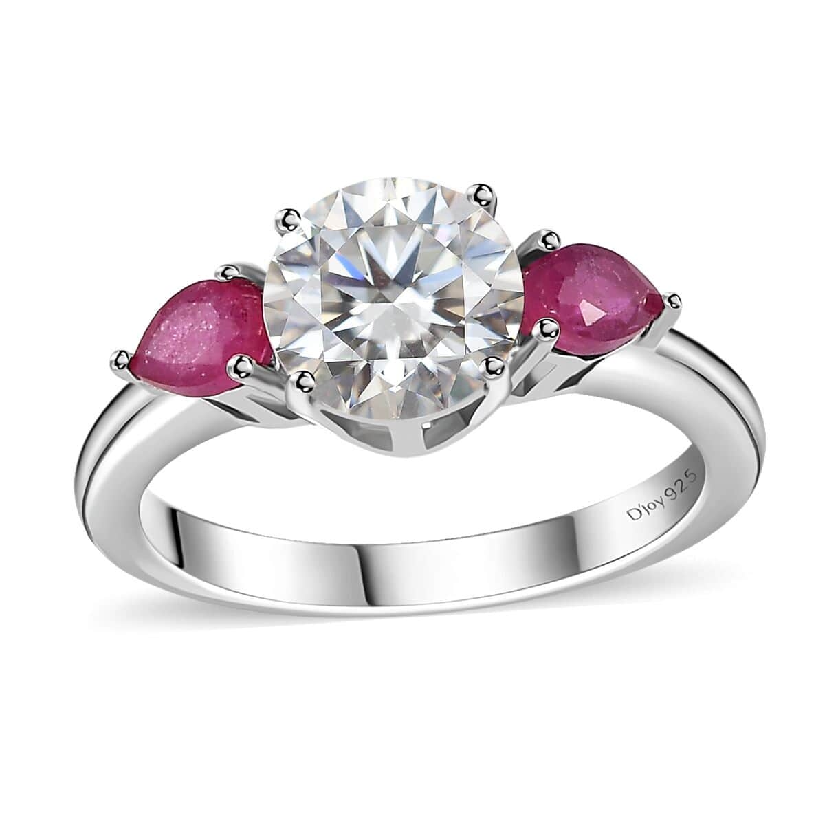 Moissanite (Rnd 7 mm), Niassa Ruby (FF) 3 Stone Ring in Platinum Over Sterling Silver (Size 10.0) 1.65 ctw image number 0