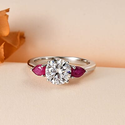 Moissanite and Niassa Ruby (FF) 3 Stone Ring in Platinum Over Sterling Silver (Size 10.0) 1.65 ctw