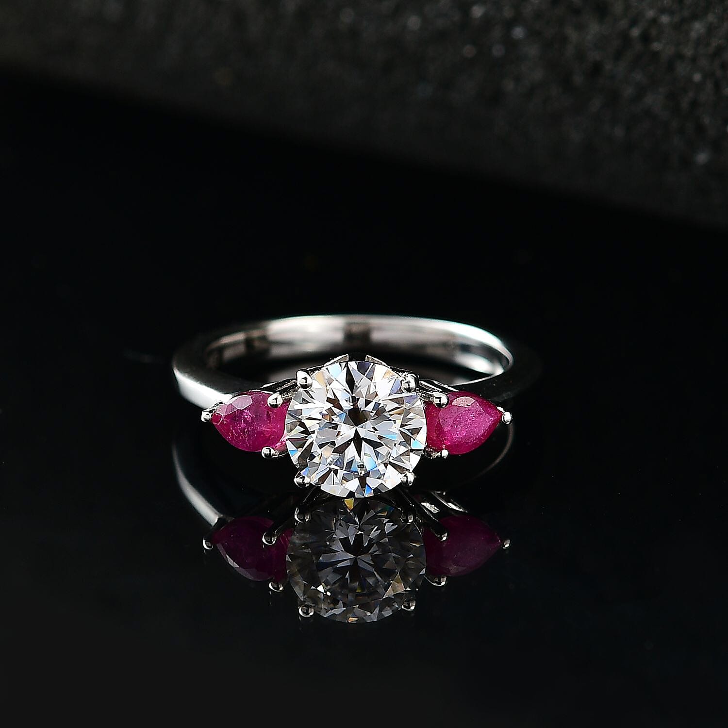 Moissanite and Niassa Ruby (FF) 3 Stone Ring in Platinum Over Sterling Silver (Size 10.0) 1.65 ctw