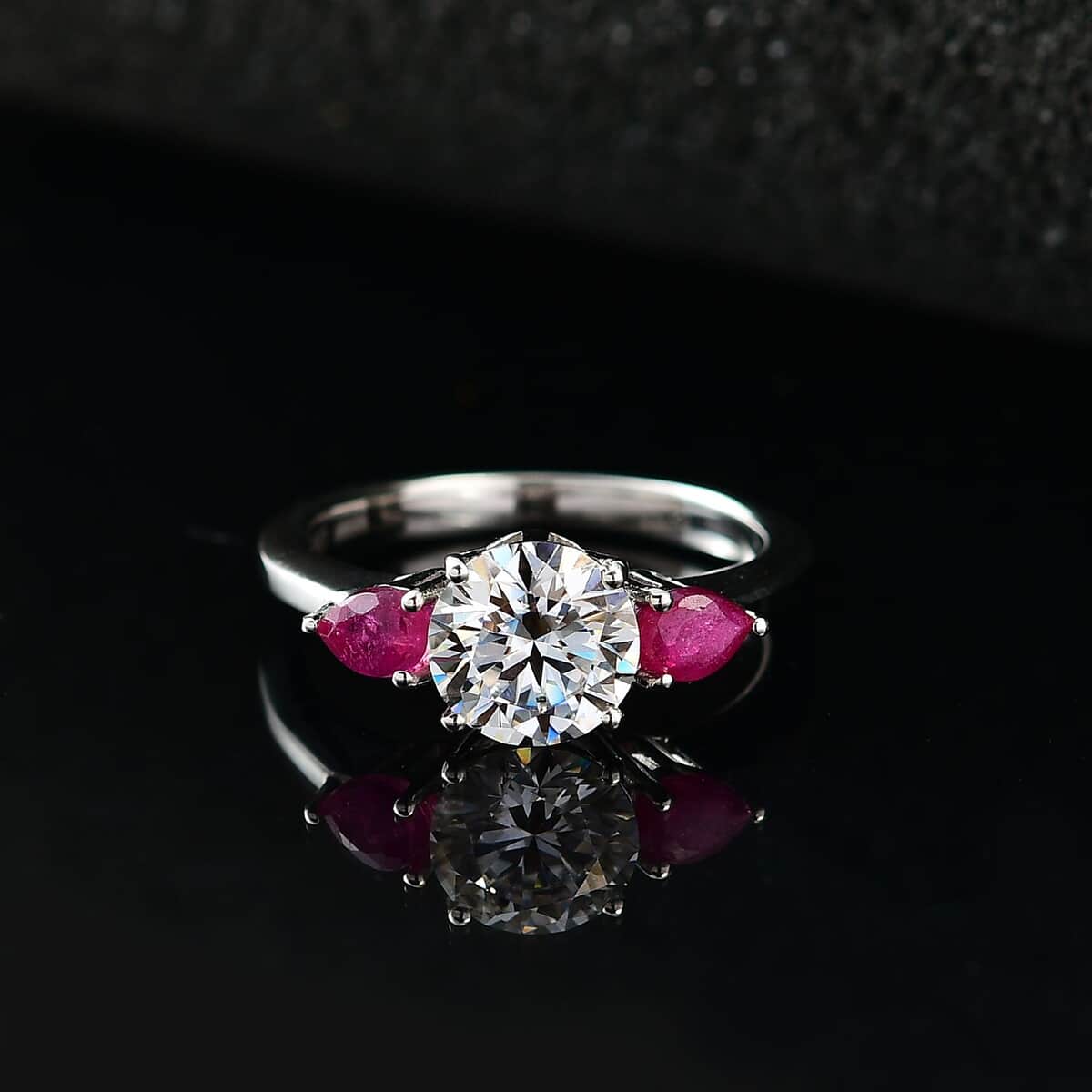 Moissanite (Rnd 7 mm), Niassa Ruby (FF) 3 Stone Ring in Platinum Over Sterling Silver (Size 10.0) 1.65 ctw image number 2