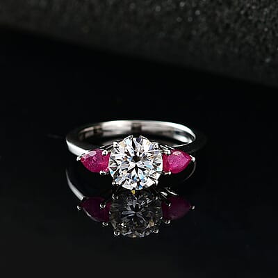 Moissanite and Niassa Ruby (FF) 3 Stone Ring in Platinum Over Sterling Silver (Size 10.0) 1.65 ctw