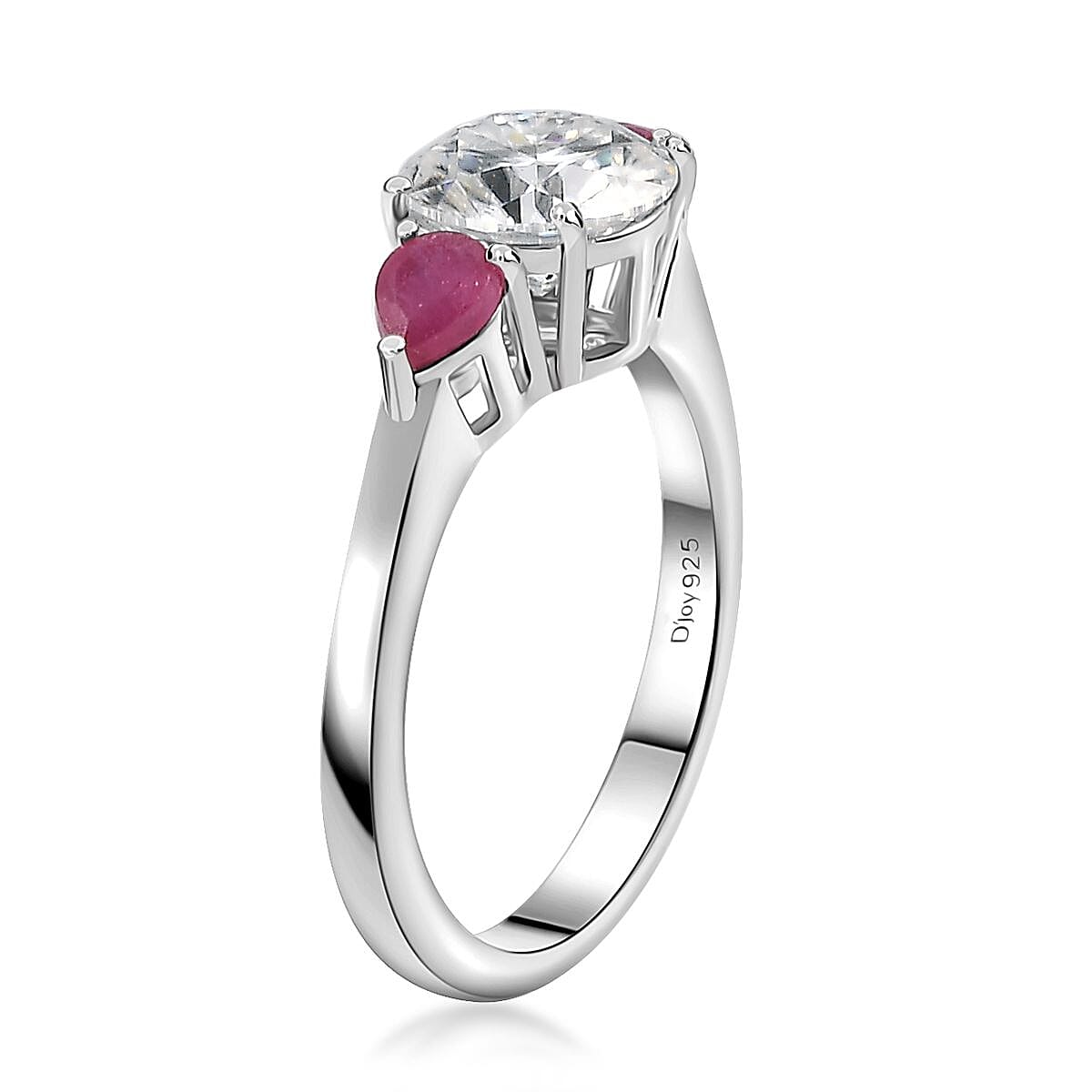 Moissanite and Niassa Ruby (FF) 3 Stone Ring in Platinum Over Sterling Silver (Size 10.0) 1.65 ctw