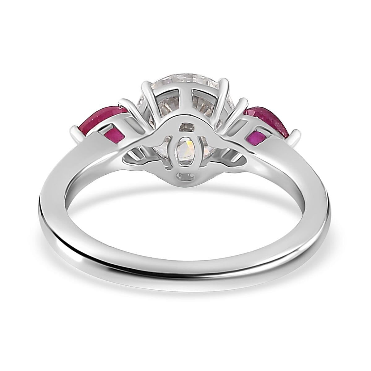 Moissanite and Niassa Ruby (FF) 3 Stone Ring in Platinum Over Sterling Silver (Size 10.0) 1.65 ctw