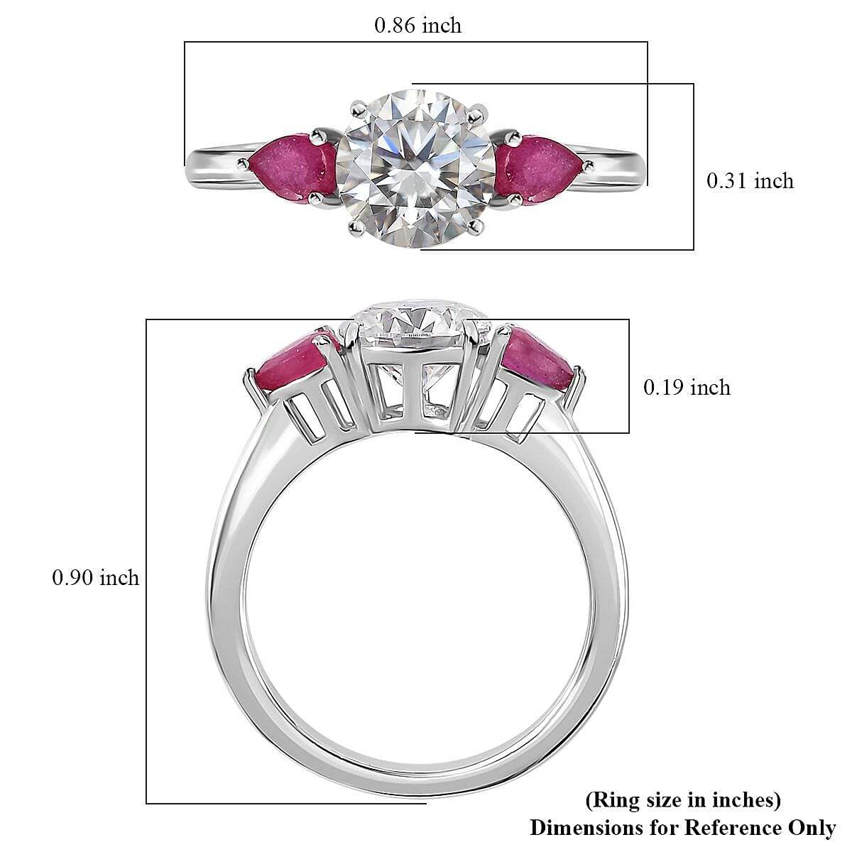 Moissanite and Niassa Ruby (FF) 3 Stone Ring in Platinum Over Sterling Silver (Size 10.0) 1.65 ctw