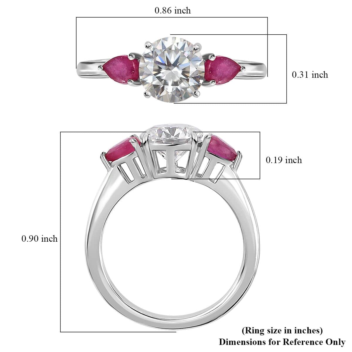 Moissanite (Rnd 7 mm), Niassa Ruby (FF) 3 Stone Ring in Platinum Over Sterling Silver (Size 10.0) 1.65 ctw image number 6