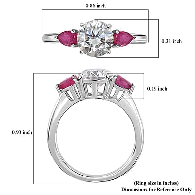 Moissanite and Niassa Ruby (FF) 3 Stone Ring in Platinum Over Sterling Silver (Size 10.0) 1.65 ctw