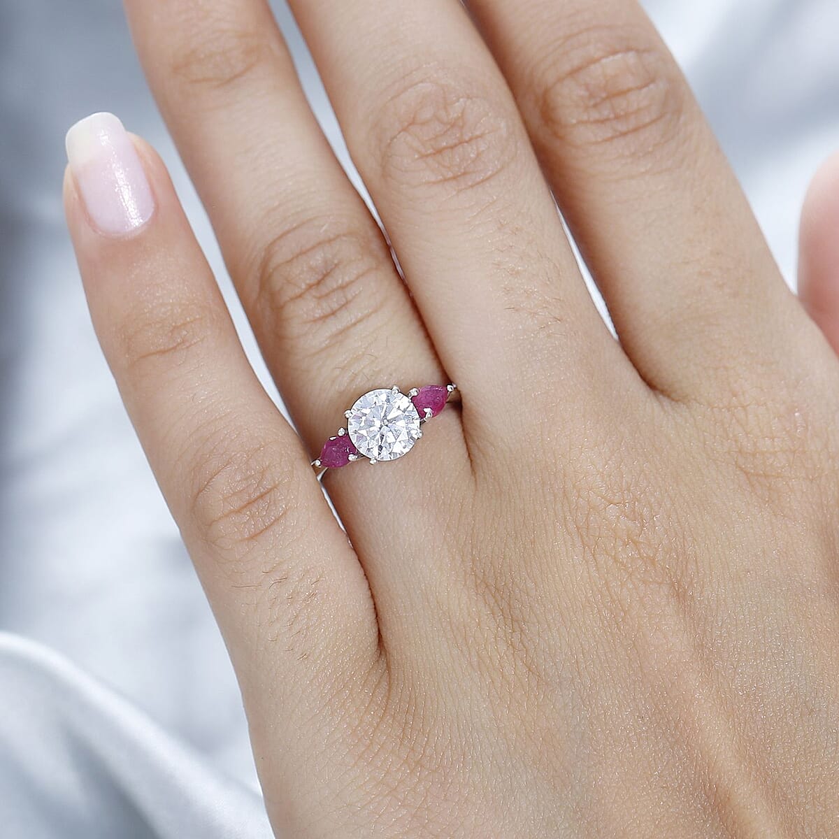 Moissanite and Niassa Ruby (FF) 1.65 ctw 3 Stone Ring in Platinum Over Sterling Silver (Size 8.0) image number 3