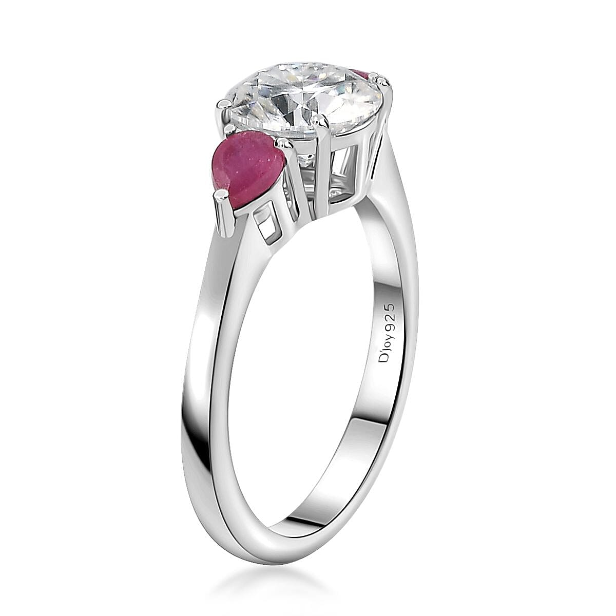 Moissanite and Niassa Ruby (FF) 1.65 ctw 3 Stone Ring in Platinum Over Sterling Silver (Size 8.0) image number 4